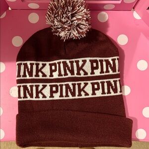 PINK Victoria's Secret Maroon and White Kids Beanie